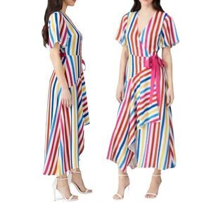 Taira Colorful Stripe Short‎ Sleeve Tie Wrap Midi Layered Dress Women's Sz XS